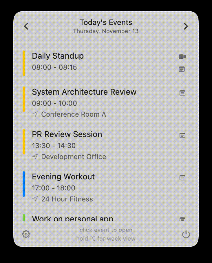 Quick buttons for joining video calls and creating notes in CalBar
